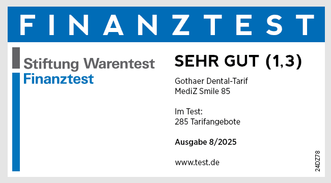 Stiftung Warentest Finanztest 8/2025: Gothaer MediZ Smile 85 mit SEHR GUT (1,3)